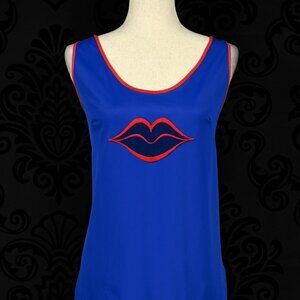 Vintage Royal Blue and Red Embroidered Lips Nylon Nightgown - LG